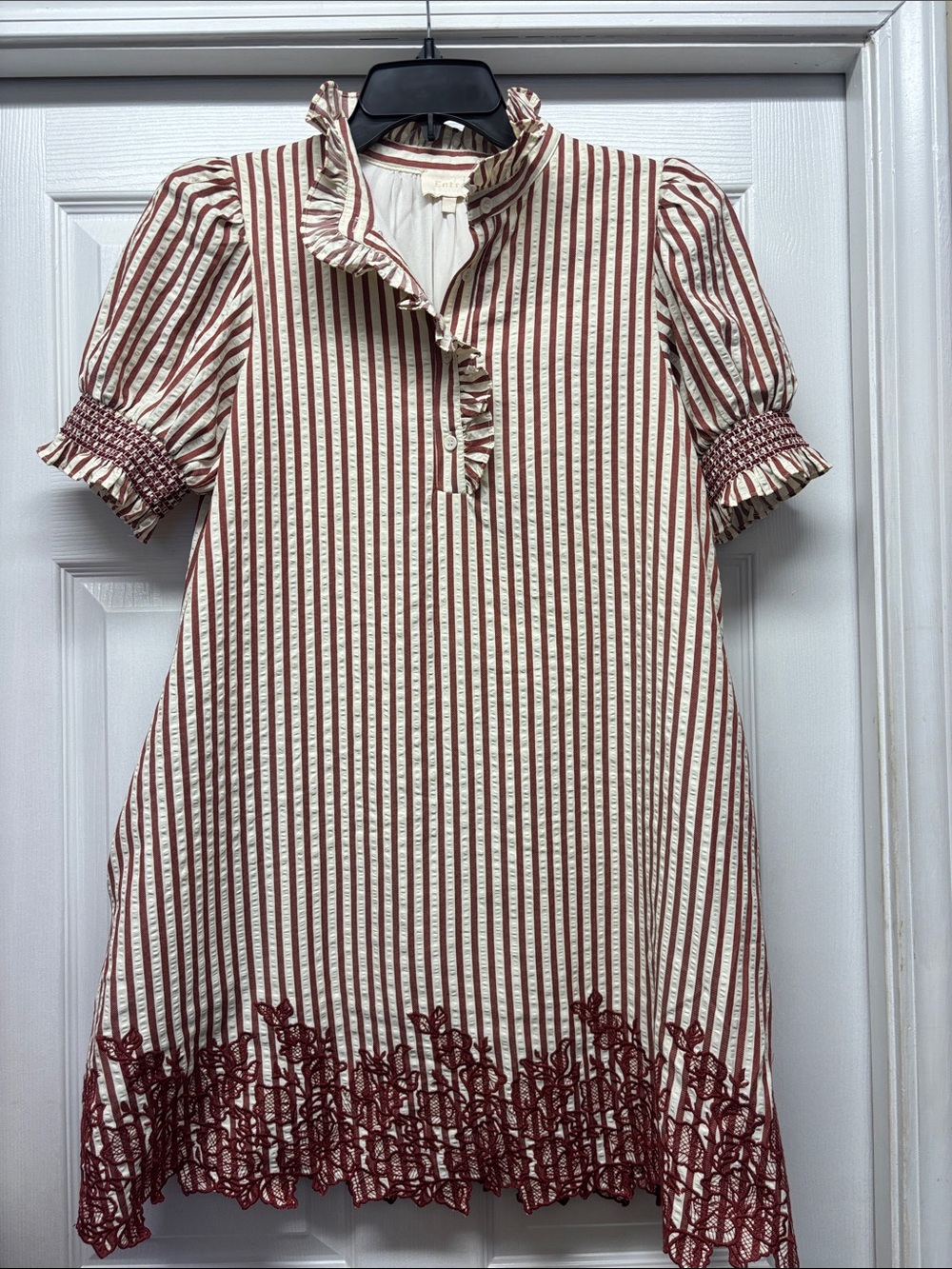 Entro Burgundy & Cream Stripe Ruffle Dress with Floral Embroidery on the Hem S